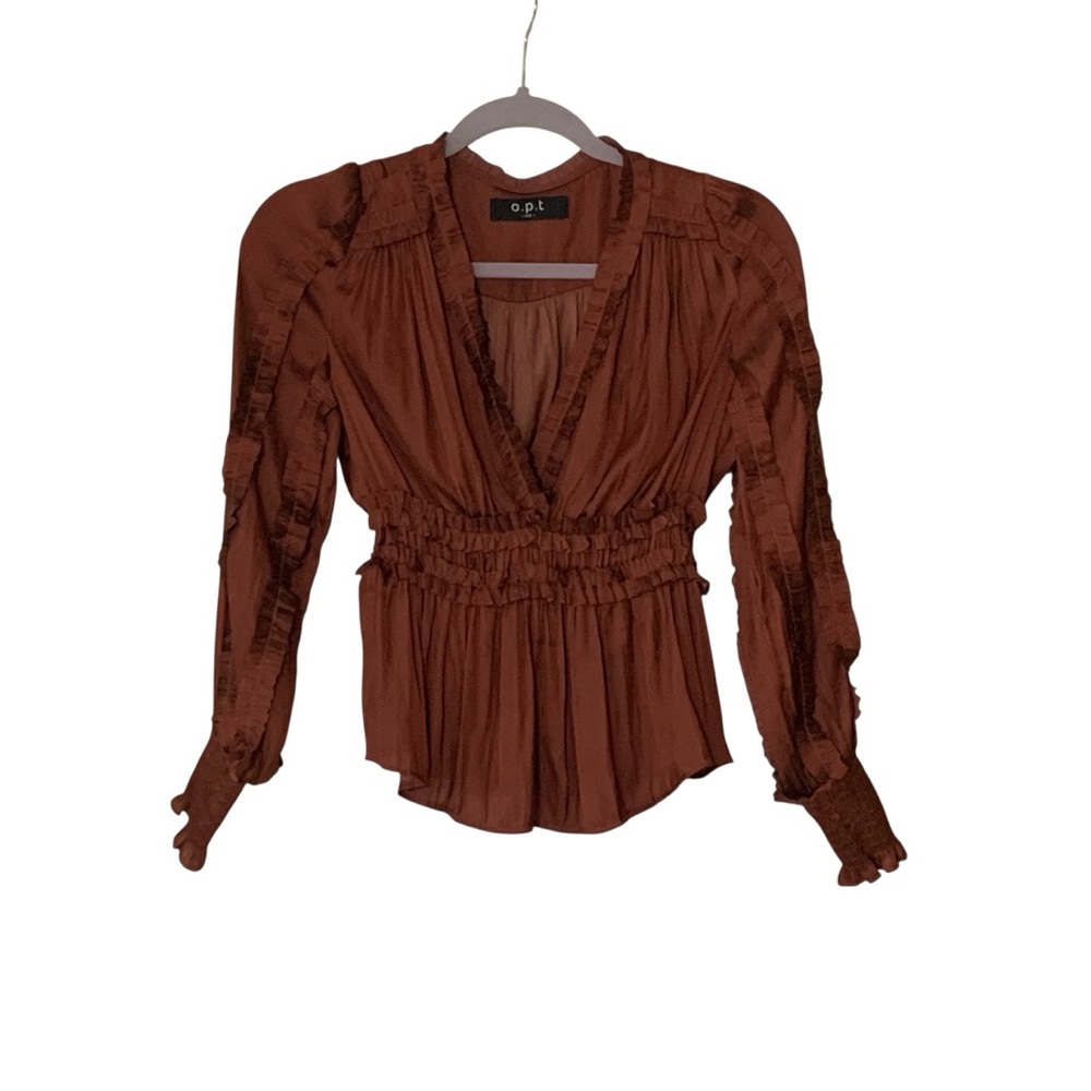 O.P.T. Women's XS Rust Brown Silky Ruffle Trim Crepe Long Sleeve Blouse Top